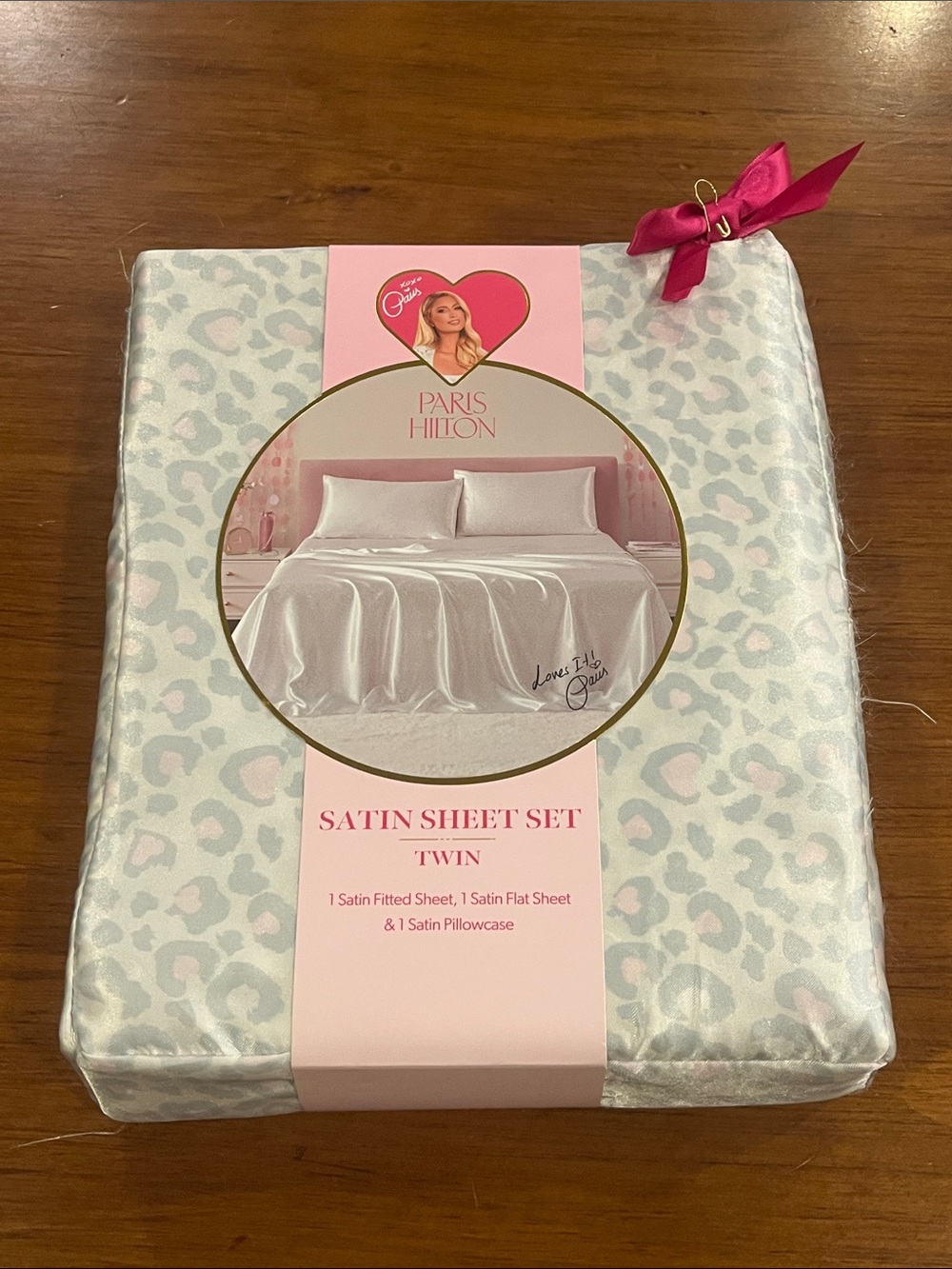 Paris Hilton Satin Sheet Set Twin new Flat, Fitted and 1 Pillowcase Leopard